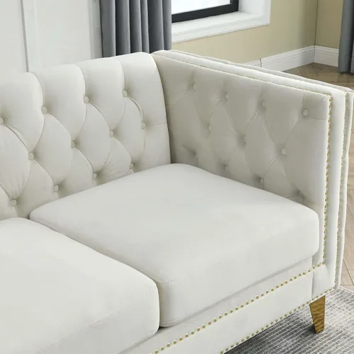 Miniatura 5 de Antetek Sofás en forma de L para sala de estar, moderno sofá de terciopelo con botones y reposabrazos cuadrados incrustados con cabezas de uñas Beige