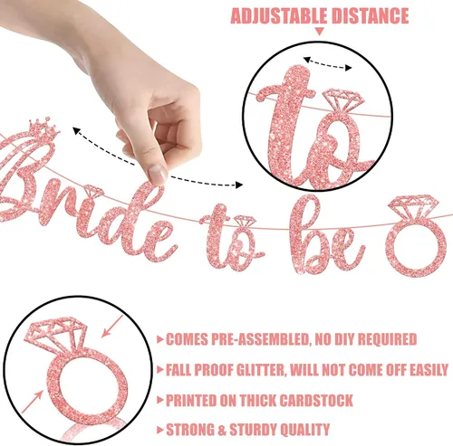 Miniatura 5 de KatchOn, Cartel con purpurina de oro rosa con la frase "Bride To Be" – Pre-encordado, 10 pies Letrero de novia con anillo para decoraciones