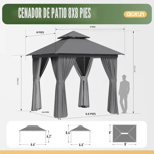 Miniatura 2 de Aoxun Gazebo para exteriores de 8 x 8 pulgadas para patio, toldo con marco de metal, cenador pequeño de doble techo resistente, kiosco para patio