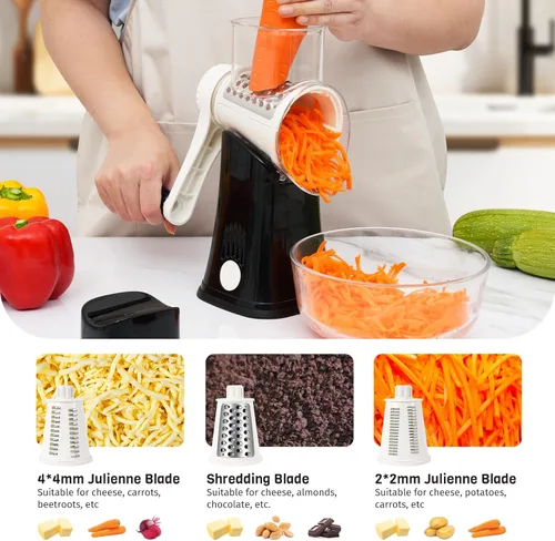 Miniatura 4 de Rallador de Queso Giratorio 5 en 1 con Manivela Manual, Rebanadora Trituradora de Verduras con 5 Cuchillas Intercambiables, Ralladores para Cocina