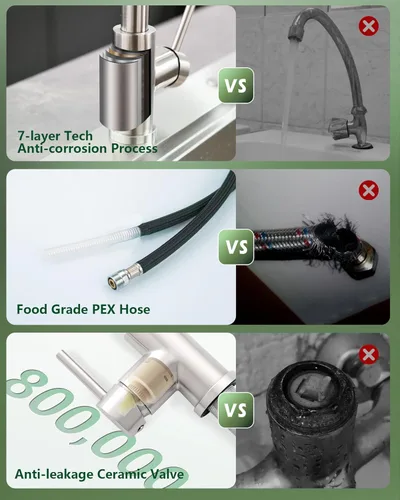 Miniatura 5 de VFAUOSIT - Grifo de cocina con rociador extraíble, grifo de fregadero de cocina sin plomo, níquel cepillado, acero inoxidable, arco alto, extracción
