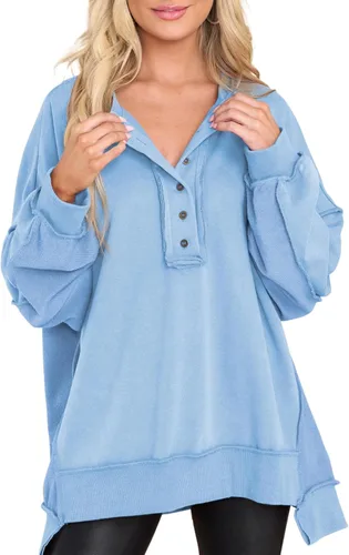 Miniatura 94 de AlvaQ - Sudadera de gran tamaño para mujer, informal, de manga larga, con botones y cuello Henley, tipo túnica