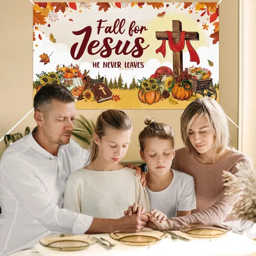 Miniatura 4 de WATINC Decoración de pancarta extragrande de otoño para Jesús, con texto en inglés "Fall for Jesus" ("Fall for Jesus", "El nunca deja"), fondo