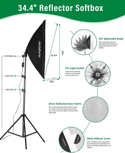 Miniatura 2 de Andoer Kit de iluminación profesional de estudio de fotografía Softbox con fondos de 3 colores, soportes de fondo de 6.5 x 10 pies, paraguas