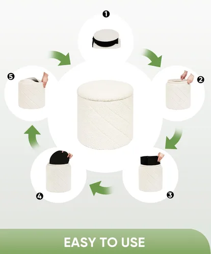 Miniatura 5 de B FSOBEIIALEO Otomana con almacenamiento, otomana redonda de bouclé con bandeja, taburete reposapiés para dormitorio, sala de estar blanca, Blanco