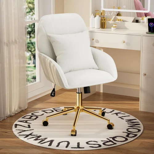 Miniatura 8 de Silla de escritorio para oficina en casa cómoda con ruedas ajustables y giratorias, silla moderna de terciopelo para maquillaje con respaldo y Blanco