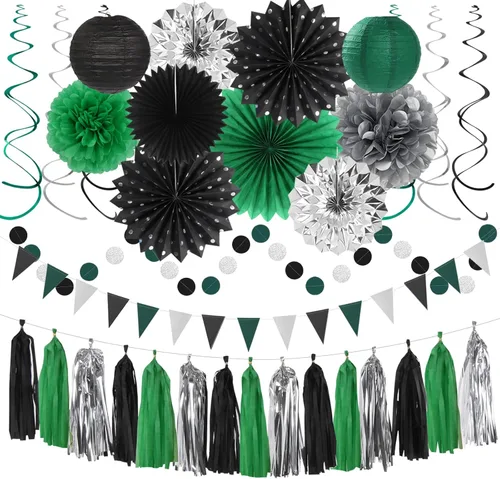 Miniatura 9 de Kits de decoración para fiestas negro blanco-plata - 33 piezas, banderas, guirnaldas con borlas para graduación, pompones de papel de seda tipo