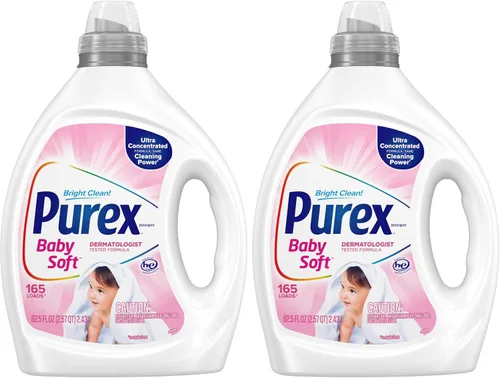 Miniatura 10 de Detergente líquido para ropa de bebé Purex, ultra concentrado, 82.5 fl oz, 165 lavados, hipoalergénico, sin colorantes, suave para la piel