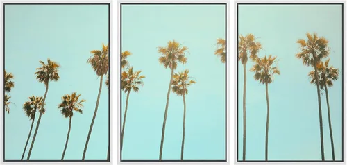 SIGNWIN Lienzo enmarcado para pared, vista aérea de palmeras tropicales en un cielo azul, fotografía del océano costero, arte moderno, panorámico,