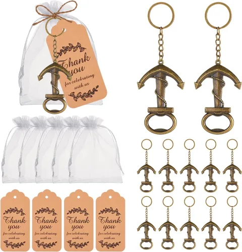 Miniatura 10 de 50 piezas de abrebotellas de huellas, recuerdos de baby shower para bebé invitado con llavero y bolsas de organza (dorado)