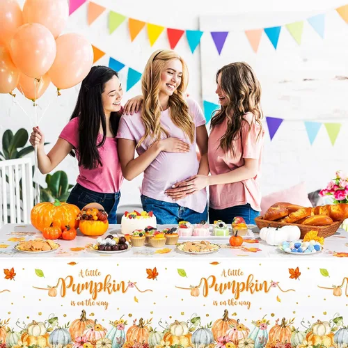 Miniatura 7 de WovWeave Paquete de 3 manteles de calabaza pequeña para decoración de fiesta de baby shower de otoño para niños y niñas, fundas de mesa para Acción