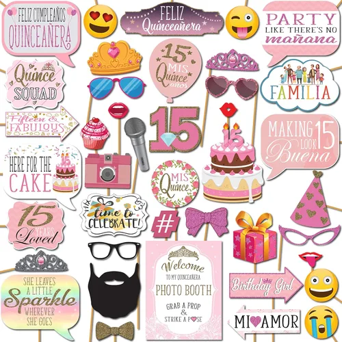 Accesorios para cabina de fotos de quinceañera, kit de cabina de fotos de 41 piezas con letrero de 8 x 10 pulgadas, 60 almohadillas adhesivas, 45