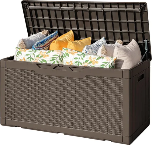 Miniatura 9 de Flamaker Caja de almacenamiento para exteriores de 80 galones, caja de resina impermeable para cubierta con textura de madera, caja de entrega