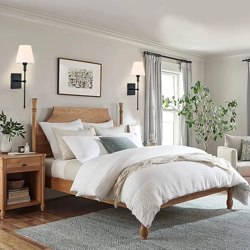 Miniatura 5 de Pauwer Juego de 2 apliques de pared delgados de tela blanca, aplique de pared para interiores, soporte de columna, lámparas de pared para Negro