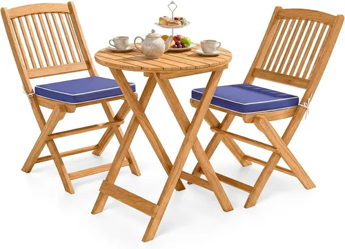Miniatura 11 de Giantex Juego de 3 piezas de mesa plegable de madera, 2 sillas acolchadas para jardín, muebles de exterior mesa redonda (natural y beige)