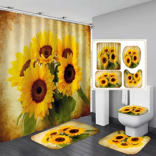 Miniatura 7 de AZHM Juego de 4 cortinas de ducha de girasol con alfombras You are My Sunshine, juego de cortinas de baño con 12 ganchos
