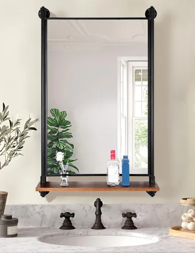 Miniatura 5 de Espejo de tubo industrial, estantes de madera, espejo de dormitorio con estante, espejos rectangulares de pared de hierro para sala de estar
