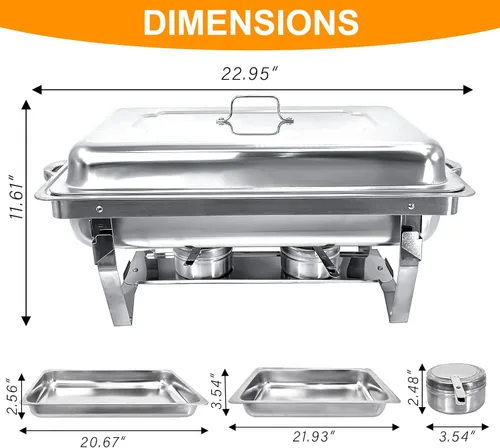 Miniatura 8 de Juego de buffet de platos de roce de 8 cuartos de galón Juego completo de calentador de alimentos de acero inoxidable Chafer con bandeja de agua