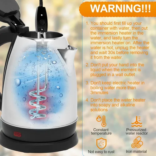 Miniatura 3 de Calentador de agua de inmersión de 1000W-110V, calentador de agua eléctrico de 10 pulgadas, elemento de inmersión sumergible portátil, elemento