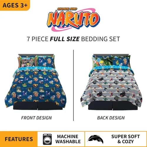 Miniatura 3 de Naruto Anime Bedding - Juego de edredón y sábanas súper suaves con funda, 7 piezas, tamaño full, por Franco