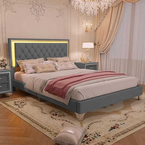 Miniatura 3 de Merax Cama de plataforma tapizada, tamaño Queen, tela de terciopelo LED, marco de cama de madera con luces LED y cabecera copetuda para dormitorio