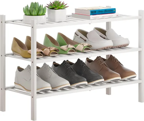 Miniatura 20 de Zapatero de bambú apilable para zapatos, organizador de almacenamiento para unidad, entrada, pasillo y armario, estante resistente independiente