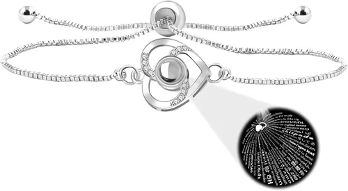 Miniatura 13 de Pulsera ajustable de cadena de plata/oro rosa, 4 dijes de corazón diferentes en 100 idiomas con texto en inglés "Say I Love You", pulsera