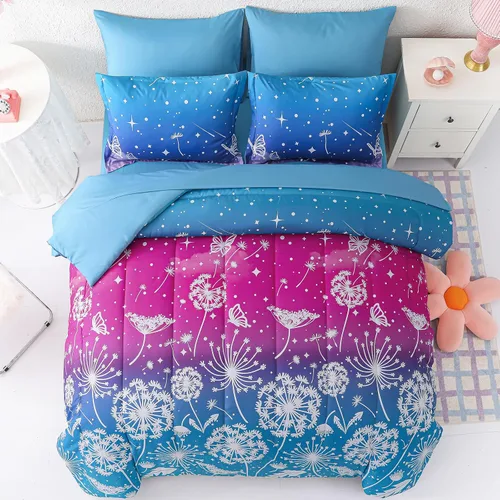Miniatura 73 de Dinjoy Juego de edredón para niñas, tamaño individual, colorido, azul, rosa, morado, arcoíris, juego de ropa de cama de 6 piezas en una bolsa