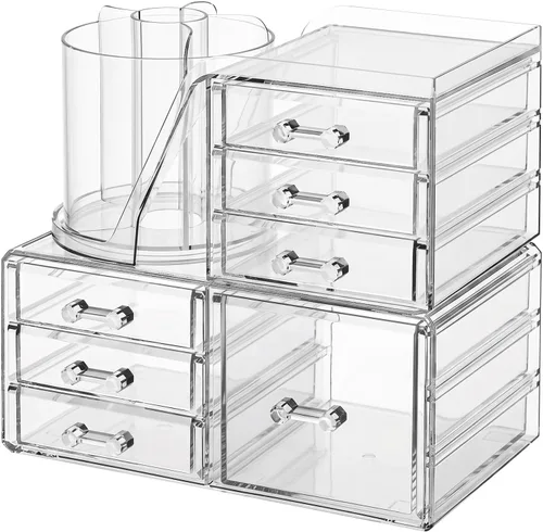 Miniatura 9 de ShineMe Organizador de maquillaje acrílico, organizador de cosméticos apilable de 2 niveles para tocador con soporte giratorio de 360° para brochas
