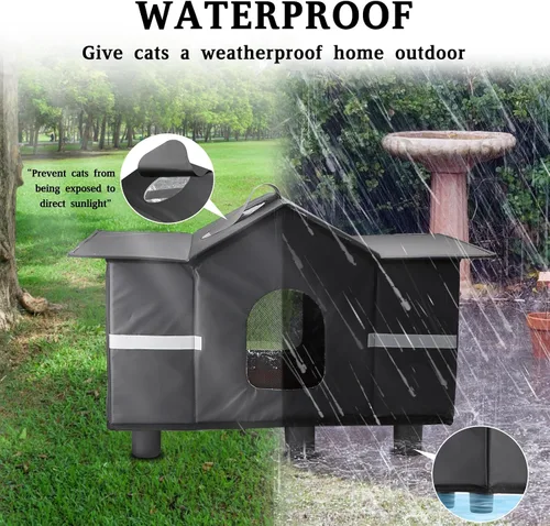 Miniatura 5 de Casa para gatos al aire libre resistente a la intemperie, refugio aislado para gatos para exteriores con ventana de techo, 100% impermeable, puerta