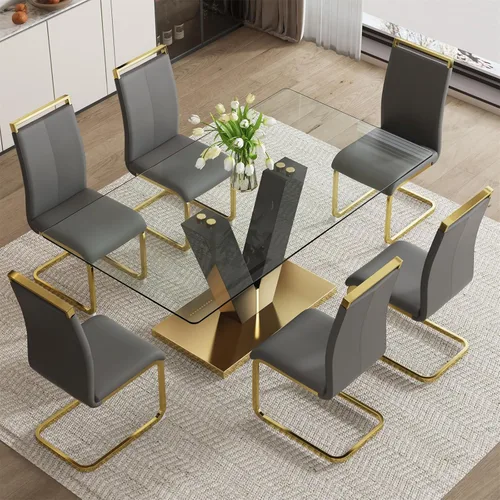 Juego de mesa de comedor de vidrio de 71 pulgadas para 6, juego de 6 mesas de comedor, mesa de cocina moderna y 6 sillas de poliuretano, parte 6