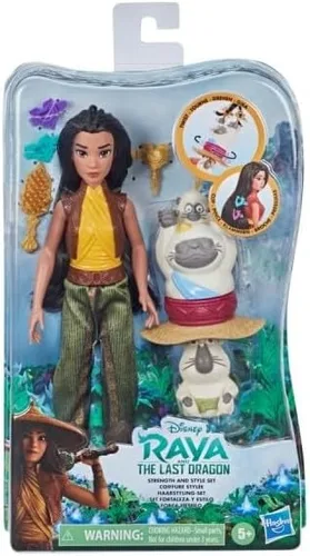Disney Princess Raya and The Last Dragon Strength and Style Set Fashion Doll, herramienta para torcer el cabello, pinzas para el cabello, juguete
