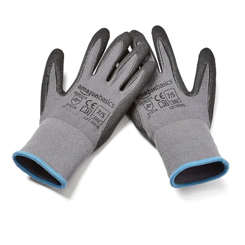 Miniatura 3 de Amazon Basics Guantes con revestimiento de nitrilo de microespuma, fibra de forro de nailon, pantalla táctil, gris, talla 7 (S), paquete de 6