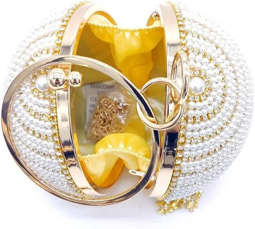 Miniatura 2 de QZUnique Bolso de mano redondo con borla de cristal y perlas asa redonda para boda bolso de hombro