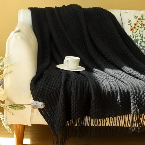 Miniatura 28 de Blagic Manta de punto para sofá, manta suave de estilo bohemio para otoño con borlas, manta ligera decorativa para el hogar, manta beige para cama