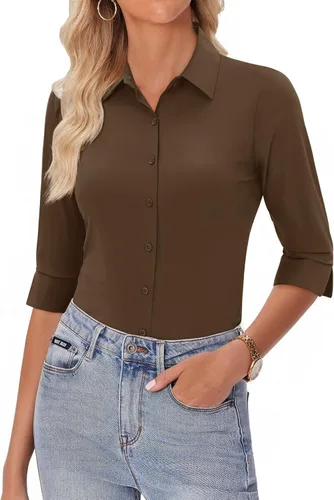 Miniatura 15 de siliteelon Camisas con botones para mujer, manga 3/4, elástica, ajustada, sin arrugas, cuello para negocios, trabajo, tops