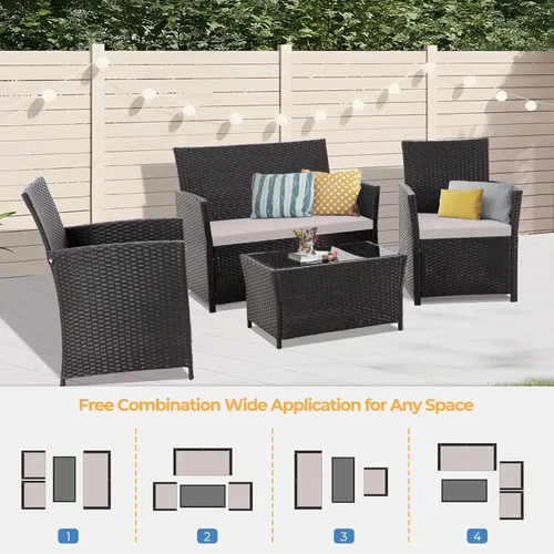Miniatura 7 de FHFO Juego de 4 muebles de patio al aire libre, muebles de exterior, juego de sofá modular de mimbre para conversación al aire libre, juego de sofá