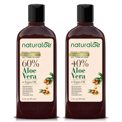 Champú y acondicionador de reparaciones y humectaciones - Fórmula 100% vegana infundida con gel de aloe vera + aceite de argán, ecológico, libre de