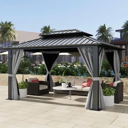 Miniatura 21 de DWVO Gazebo de techo rígido de 10 x 10 pies, techo doble con redes y cortinas, techo de rayas verticales de acero galvanizado resistente para patio