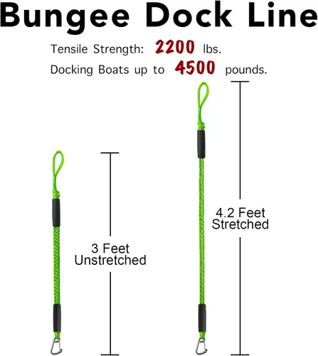 Miniatura 4 de Cuerda de amarre elástica de 3 pies para línea de acoplamiento con clip de acero inoxidable, accesorios para barcos, 2 unidades (verde, 3 pies)
