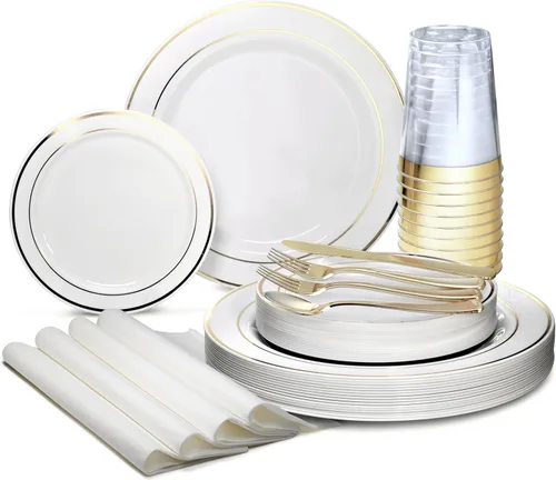 Miniatura 10 de OCCASIONS 50-150-200 Piezas plateadas (25 personas) 26 cm, 19 cm + cubiertos. A1. Blanco y plateado