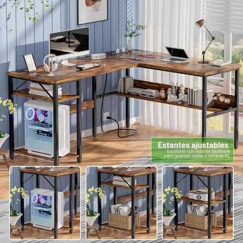 Miniatura 7 de Unikito Escritorio para computadora en forma de L con tomas de corriente mágicas y puerto de carga USB, escritorio esquinero reversible resistente