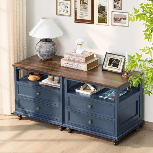 Miniatura 7 de Joaxswe Mesita de noche de estilo granja con estación de carga, mesa auxiliar de 61 cm de ancho con 2 cajones, cómoda azul para dormitorio, cómoda
