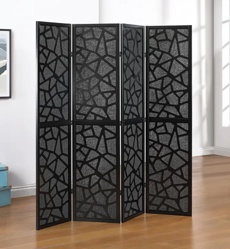 Roundhill Furniture Aurra - Divisor de habitación de madera de 4 paneles, pantalla de división portátil plegable, pantalla negra con marco negro