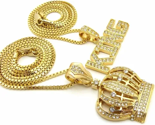 Miniatura 5 de Bright Jewelers USA - Juego de 2 collares para hombre, corona de rey negro y oro, diseño de hip hop