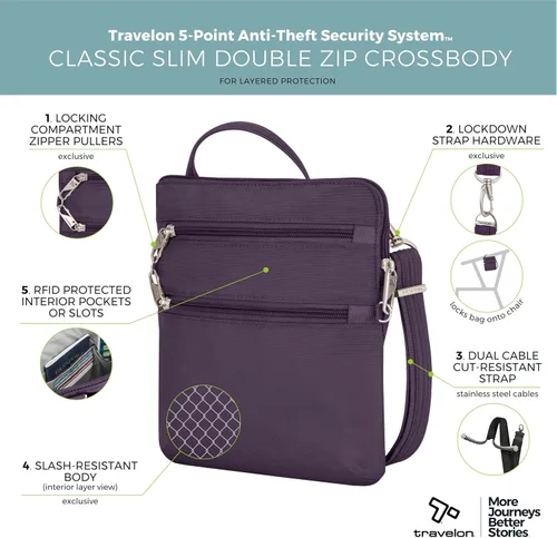 Miniatura 3 de Travelon - Bolso bandolera antirrobo clásico, doble cremallera, delgado