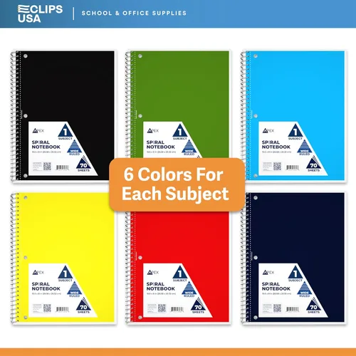 Miniatura 8 de Cuadernos de espiral de rayas anchas para trabajo, cuadernos de 1 materia, surtido de 6 colores, 3 agujeros perforados, 70 hojas, 140 páginas