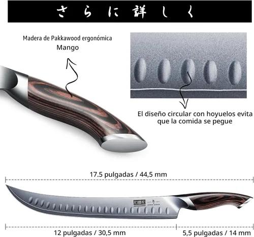 Miniatura 4 de HOSHANHO - Cuchillo de 12 pulgadas para rebanar y tallar de acero japonés de alto carbono con mango ergonómico de madera de Pakka, cuchillos