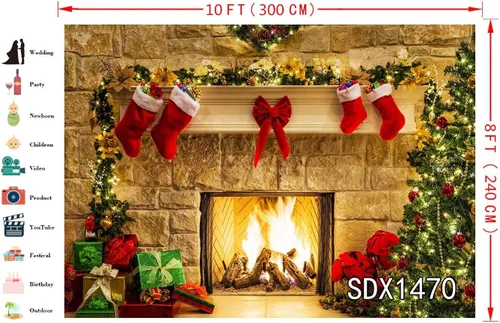 Miniatura 3 de LB Telones de fondo de chimenea de Navidad para fotografía de 5 x 3 pies, calcetines de árbol de Navidad, regalos de Año Nuevo, para niños