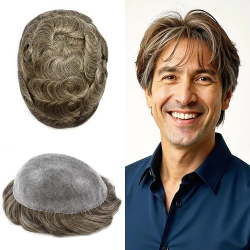 Miniatura 17 de Toupee - Sistema de reemplazo de cabello humano real de 0.004 in para hombres, con inyección, poliuretano duradero, piel fina, línea capilar